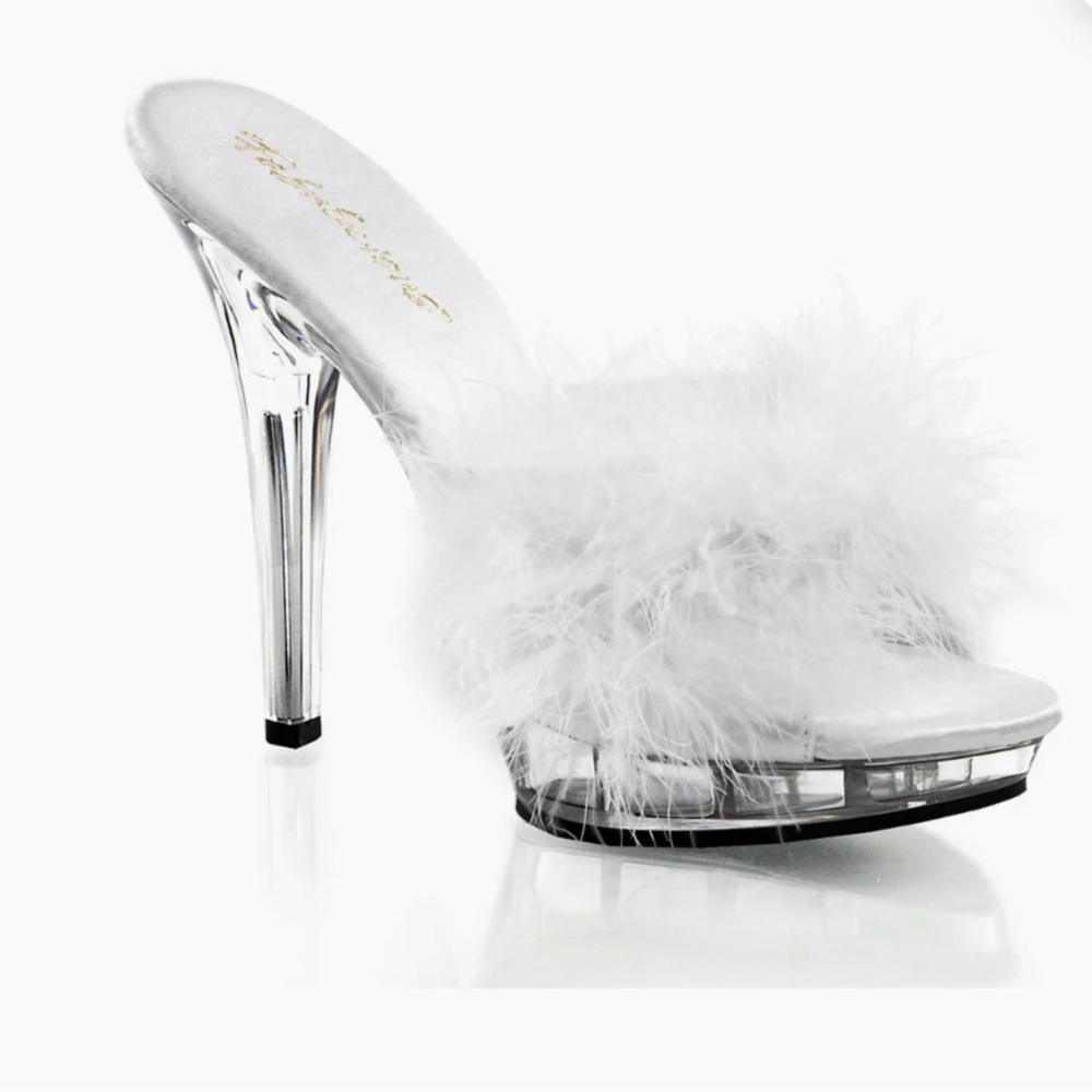 Pleaser White Feather Heels with Silver Accents